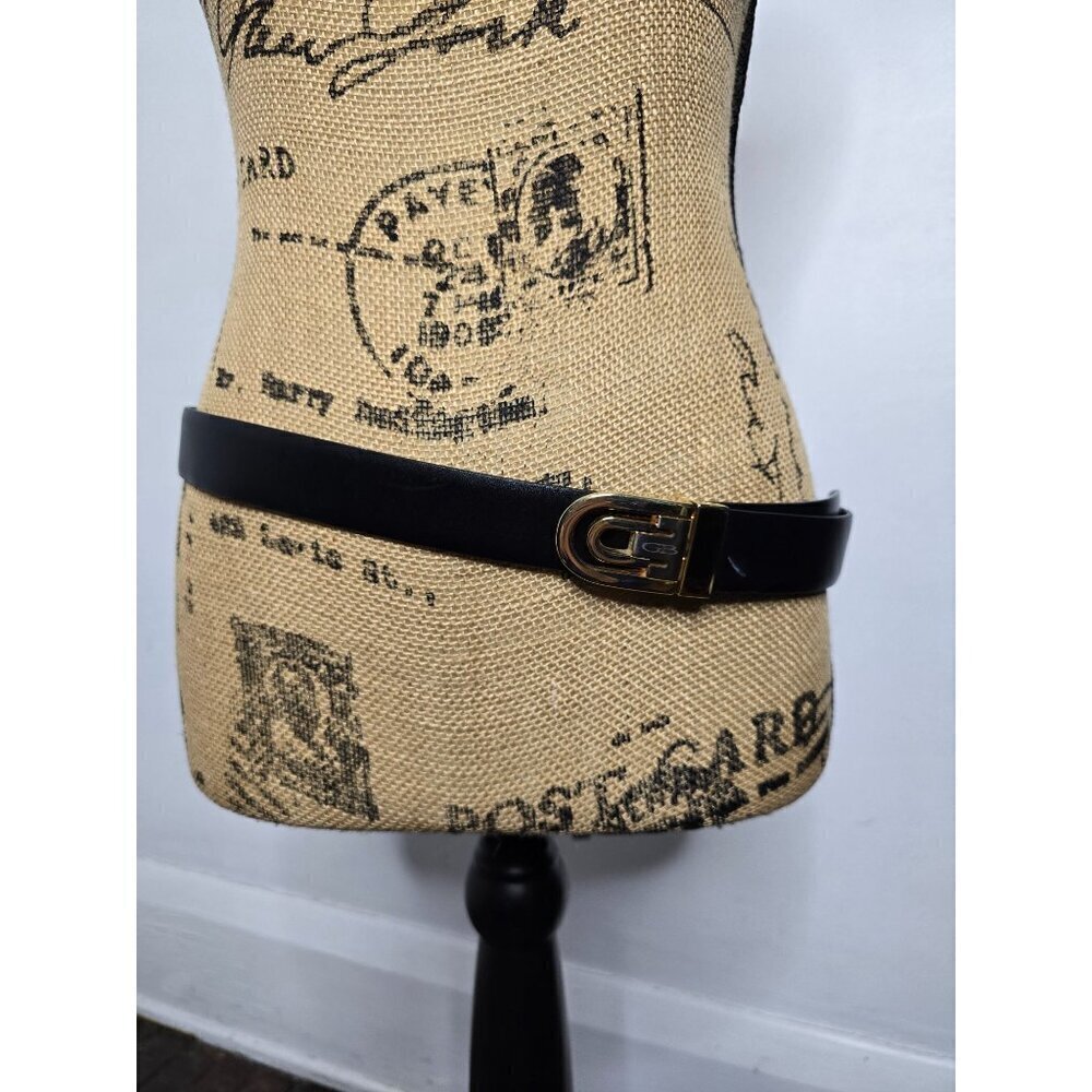 Vintage Black Leather Belt GB Signed Made in Italy Buckle